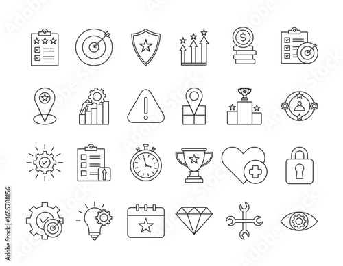 gamification icon set collection style outline. Contain papan skor, tujuan, lencana, tantangan, pencapain target, koin 