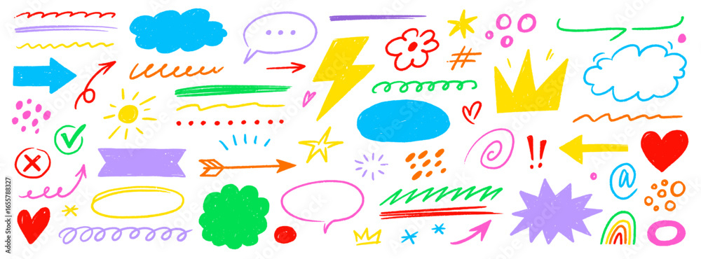 Fototapeta premium Hand drawn line chalk set. Crayon line arrow, speech bubble, pencil highlight and textured brush icon with cartoon heart, hand drawn marker element. Chalkboard frame sketch. Vector illustration