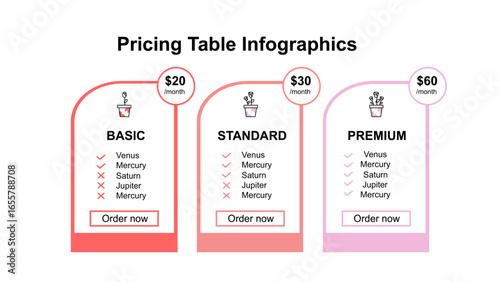 Tariff comparsion tables - web UI template - Basic, Standard, Premium tariffs - three columns with options in different colors - isolated vector infographics