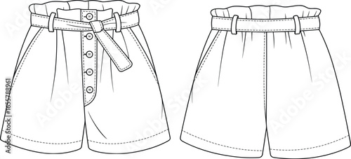 Fashionable high-waisted women’s shorts with belt and button front, trendy summer wear, stylish casual bottoms, fashion sketch illustration.