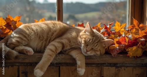 Cozy Cat Sleeping on Wooden Window with Autumn Leaves and Warm Sunshine