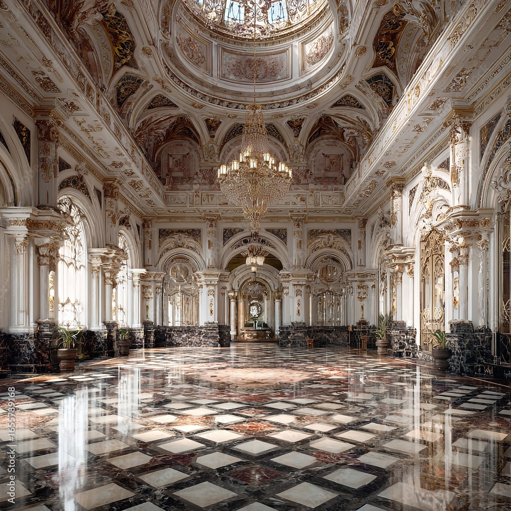 Obraz premium Grand opulent ballroom with ornate architecture and marble floors bathed in soft light
