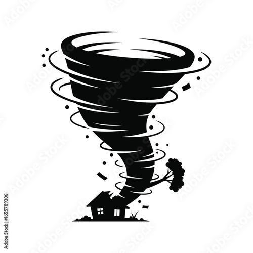 Black and white illustration of a tornado destroying a house and tree