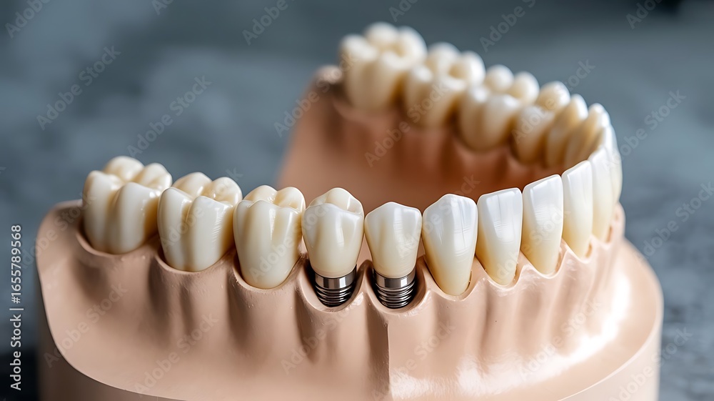 Fototapeta premium Symmetrical Teeth with Partial Denture and Dental Implant, 3D Dental Illustration, Medical illustration of a dental bridge., created with generative ai