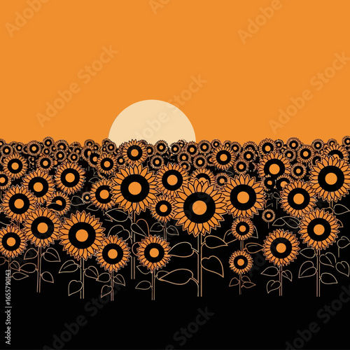 Field of sunflowers against an orange sunset sky.