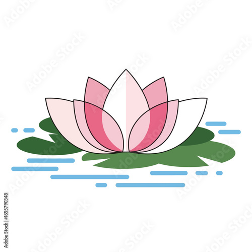 Pink lotus flower blooming on water with green lily pads.