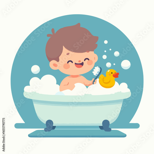 flat illustration of a child taking a bubble bath