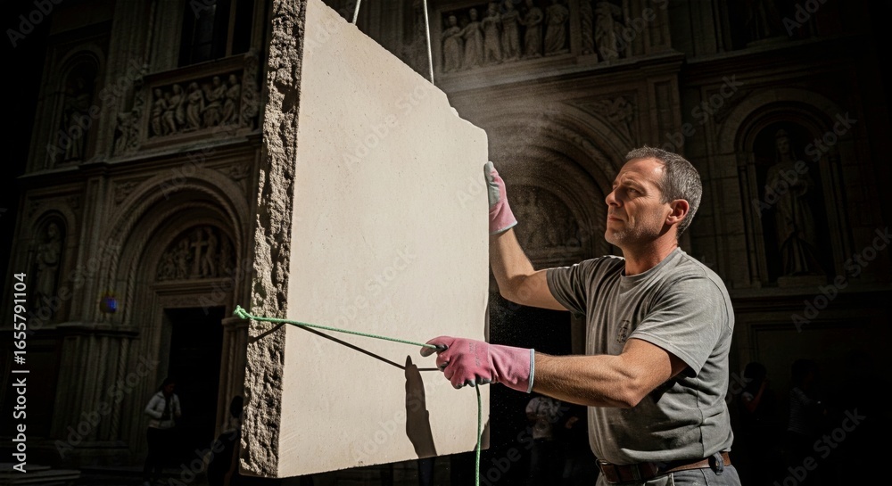 Fototapeta premium Artisan Guiding a Stone Panel on a Historic Cathedral Facade