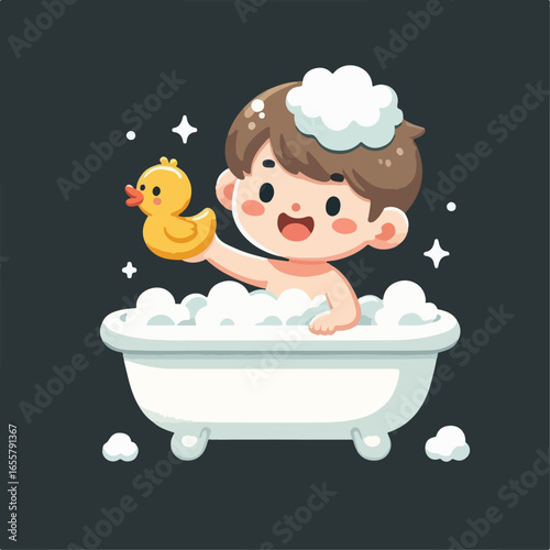 flat illustration of a child taking a bubble bath