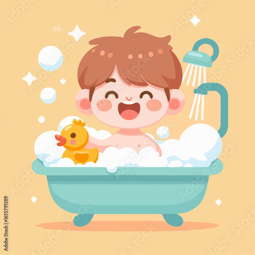flat illustration of a child taking a bubble bath