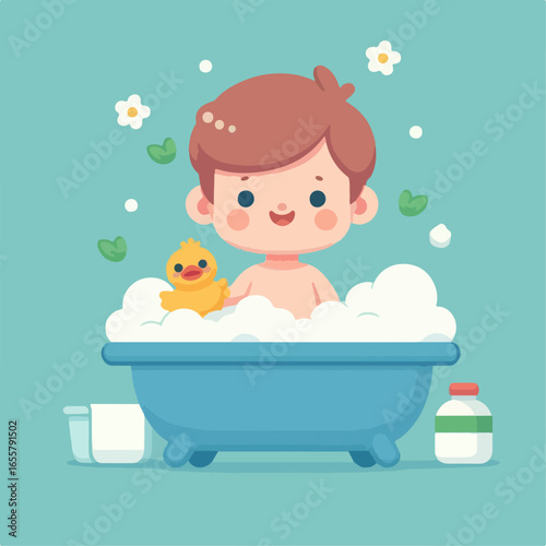 flat illustration of a child taking a bubble bath