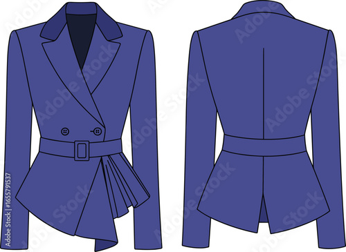 Fashionable women's belted blazer with asymmetric hem, pleated side detail, double-breasted closure, flat vector CAD drawing, elegant formal style