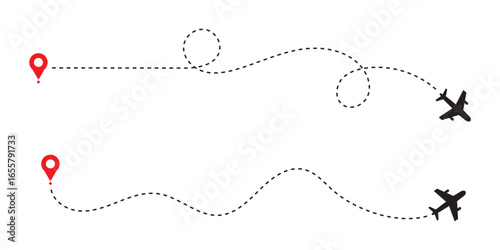 Airplane line path icon set. Vector illustration of air plane flight route with line trace on white background. map pins, location pins. Travel from start point and dotted line tracing. EPS 10
