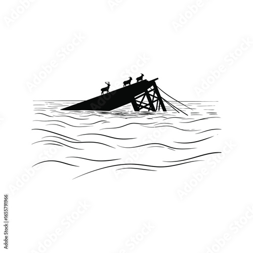 Silhouette of Deer and Goats on Sinking Structure in Wavy Ocean  Black and White Illustration