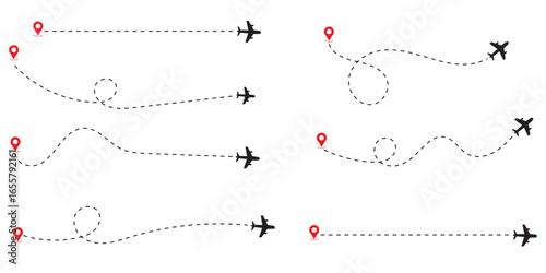 Airplane line path icon set. Vector illustration of air plane flight route with line trace on white background. map pins, location pins. Travel from start point and dotted line tracing. EPS 10