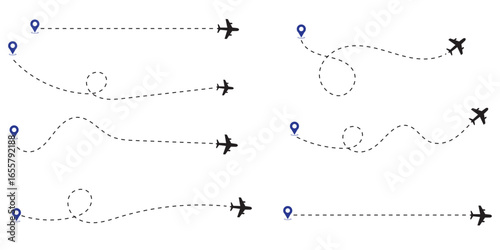 Airplane line path routes. Travel vector icon. Travel from start point and dotted line tracing. Plane routes flight air dotted isolated illustration. Start point line trace and plane routes. EPS 10