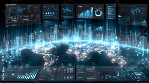 Futuristic finance network with AI-powered data charts, world map overlays, cyan and gold highlights, glowing wireframe nodes, 3D graphs, abstract city grid, clean high-resolution background
