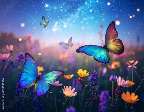 Butterflies in a magical meadow at night