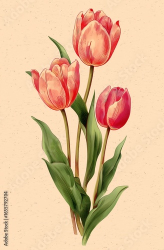 Vintage Hand - drawn Tulip Illustration, Floral Decoration Material for Home Decor, Cultural and Creative Design, Greeting Card Making, Art Printing Scenarios