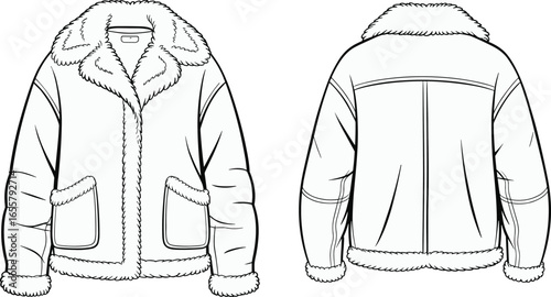 Faux fur collar jacket, winter outerwear, front and back views, patch pockets, cuffed sleeves, warm coat, fashion CAD flat vector illustration