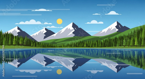 Beautiful mountain landscape with lake reflection vector illustration scenic nature background art 100