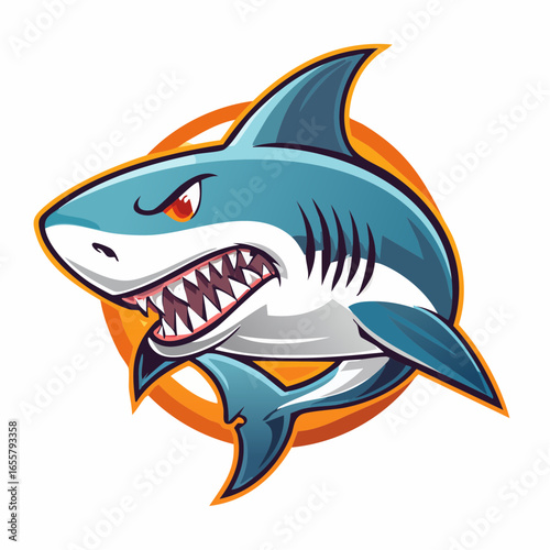  A bold illustration of a menacing shark with sharp teeth and a fierce expression, depicted mid-swim within a circular ocean-themed emblem. This design is perfect for a sports team mascot, logo