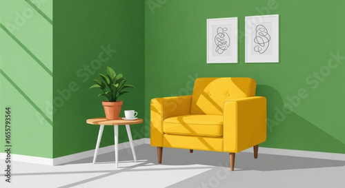 Interior design yellow armchair green wall art plant modern living room home decor ideas and inspiration