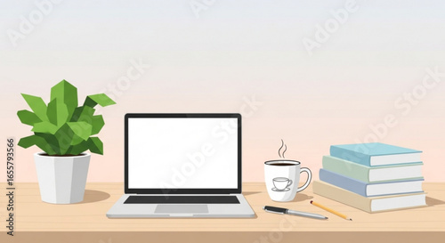 Laptop mockup workspace with coffee, plant, books and stationery vector illustration for website design