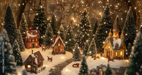Magical Christmas Village Scene with Snowy Trees and Holiday Lights Glow
