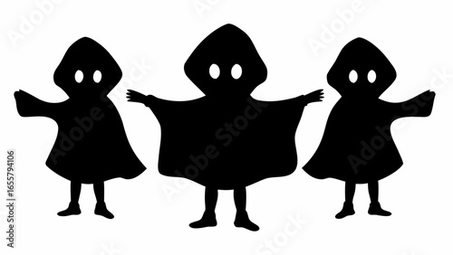 Three hooded figures with arms outstretched stand in a row in a stark black and white silhouette image
