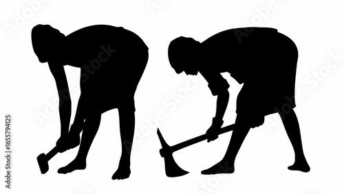 Silhouette of two people working the land with tools in a field on a white isolated background scene