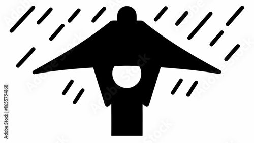 Illustration of a bird feeder with a roof and rain falling around it in a simple black and white design