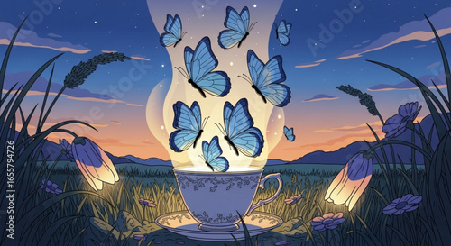 Butterfly teacup fantasy art illustration whimsical nature scene magical blue butterflies flying from cup art print