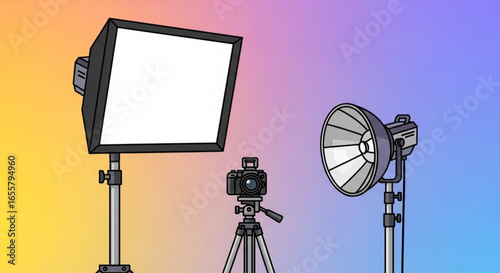 Photography studio setup with camera, softbox and reflector for professional photo and video shoots