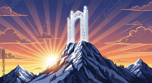 Mountain top gate illustration with sunrise and clouds scenic landscape drawing design vector art