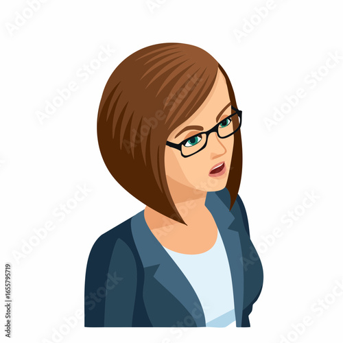 A bold cartoon illustration of a woman with glasses wearing an angry and frustrated expression. This image is perfect for a character in a presentation