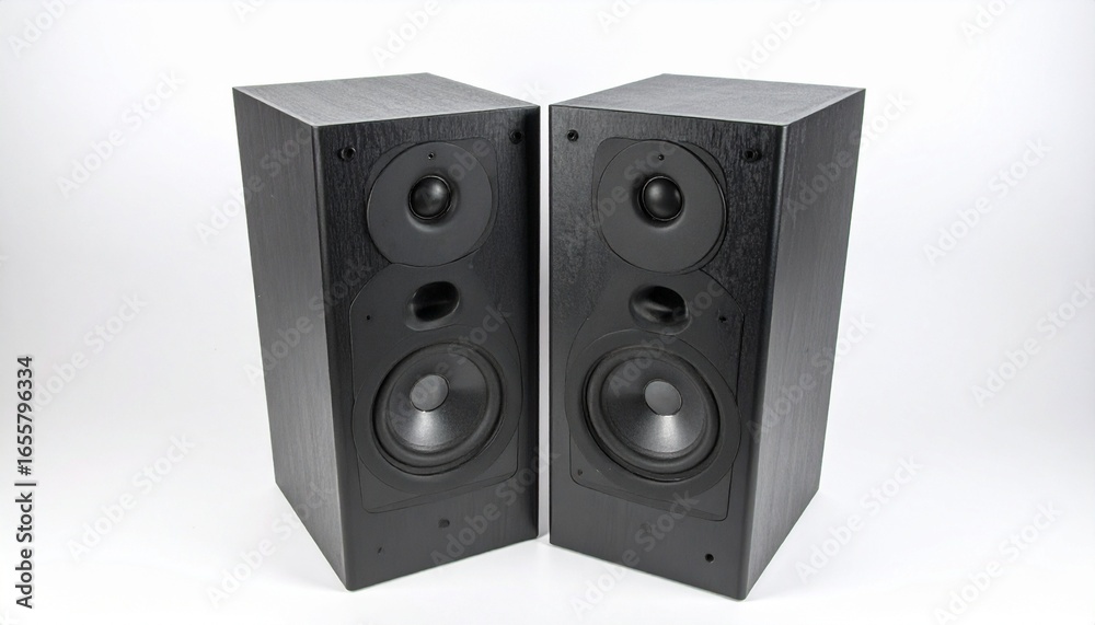 Fototapeta premium Black rectangular speakers with circular drivers, side-by-side on neutral background, modern audio equipment.
