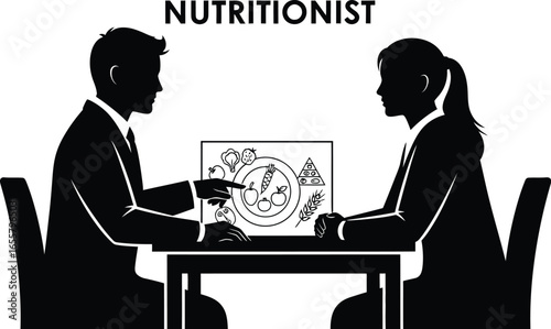 A nutritionist is consulting with a patient about their diet, nutritionist is explaining food diagram to patient, and they are discussing healthy eating habits