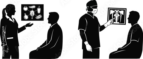 Doctors examining patients with xrays, , depicting medical consultation, diagnosis, and healthcare, with silhouettes of doctors and patients