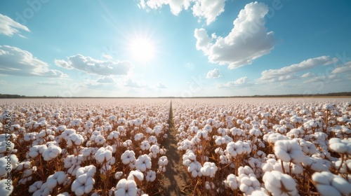 Expansive cotton field under a bright blue sky, ready for harvest.