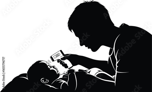 A silhouette of a father taking his babys temperature with an infrared thermometer, father is scanning babys forehead to check for fever