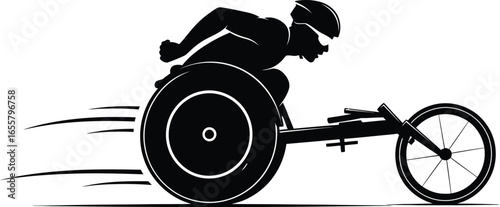 A silhouette of a wheelchair racer competing in a race, athlete is propelling wheelchair forward with speed and determination