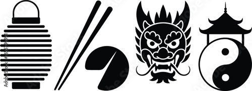 Collection of east asian cultural icons featuring distinctive silhouette designs