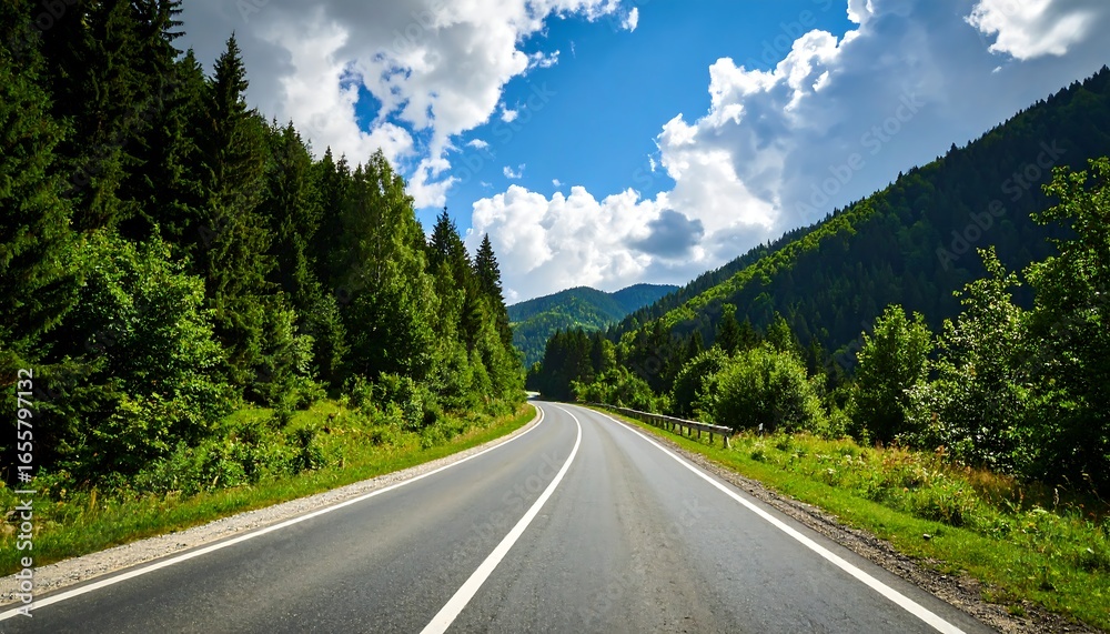 Naklejka premium Winding road through lush mountain forest