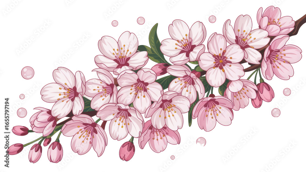 Fototapeta premium Delicate Pink Cherry Blossom Branch Illustration
