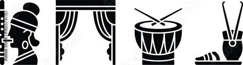 Abstract graphic elements representing music and drama with a prominent silhouette
