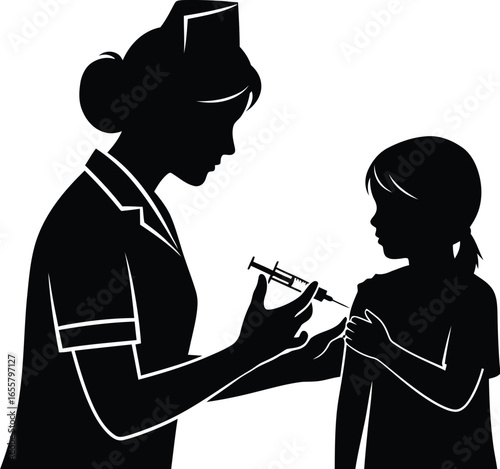 Silhouette of a nurse giving a vaccination to a child, medical professional injecting a vaccine into a patients arm for immunization