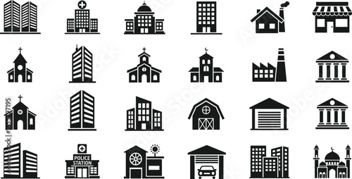 Building architecture icons, city skyline symbols, hospital church mosque illustration, factory shop house, government bank police station, barn garage