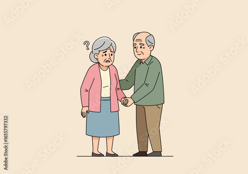 An elderly dementia woman appears confused and uncertain while a supportive older man offers her comfort and reassurance.