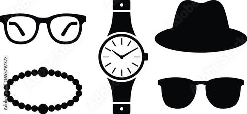 Stylish fashion accessories including glasses hat and jewelry silhouette design